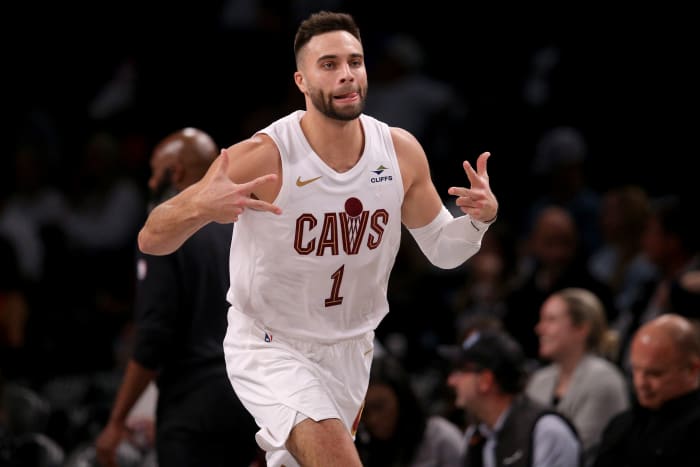 Oct 25, 2023; Brooklyn, New York, USA; Cleveland Cavaliers guard Max Strus (1) reacts after hitting a three point shot against the Brooklyn Nets during the third quarter at Barclays Center.
